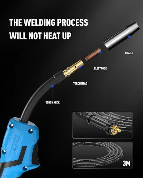 MIG torch for synergic welder, designed to stay cool during welding for extended use.
