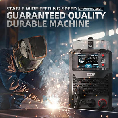 Synergic welder with stable wire feeding speed, ensures smooth operation & durable performance.