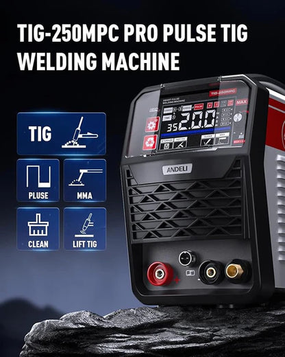 TIG 250MPC Pro pulse TIG welder with TIG/Pulse/MMA/Clean/Lift TIG modes, versatile for professional use.