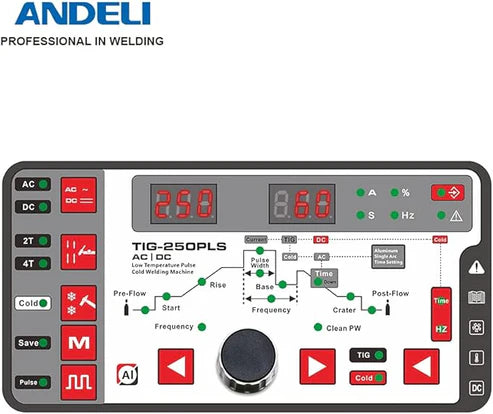 TIG welder with digital control panel, supports AC/DC modes & adjustable welding parameters.