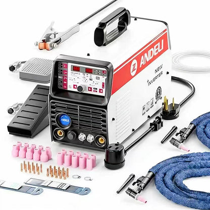 TIG welding machine with full accessory kit (torches, nozzles, cables), ready for immediate use.