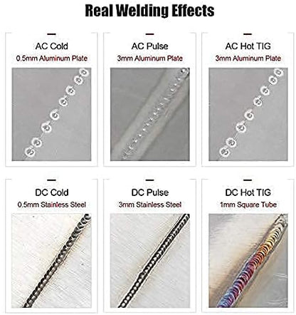 Real welding effects of TIG welder on aluminum, stainless steel & square tube (AC/DC, cold/hot modes).