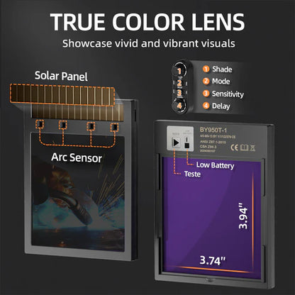 Welding helmet with true color lens, solar panel & 4 adjustable settings (shade/mode/sensitivity/delay), vivid visual experience.