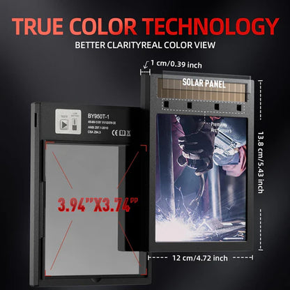 Welding helmet with true color technology, 3.94"x3.74" lens & solar panel for clear visibility.
