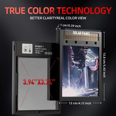 Welding helmet with true color technology, 3.94"x3.74" lens & solar panel for clear visibility.