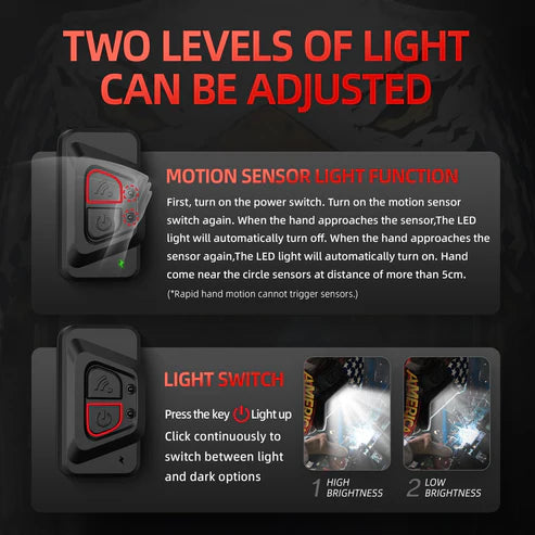 Welding helmet with 2 adjustable light levels & motion sensor light function, easy to switch between brightness options.