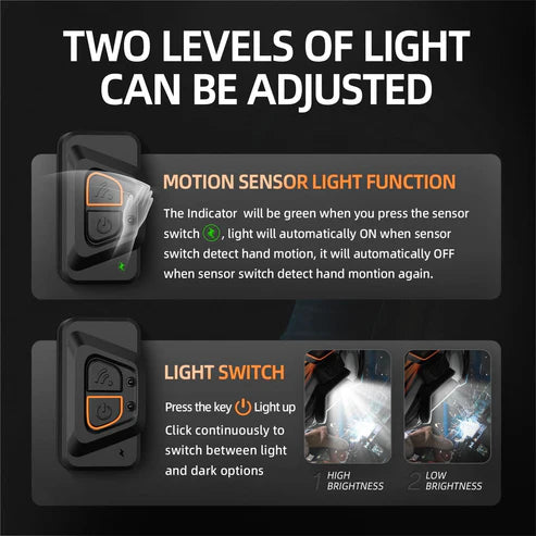 Welding helmet with 2 adjustable light levels & motion sensor function, auto-on/off for convenient operation.