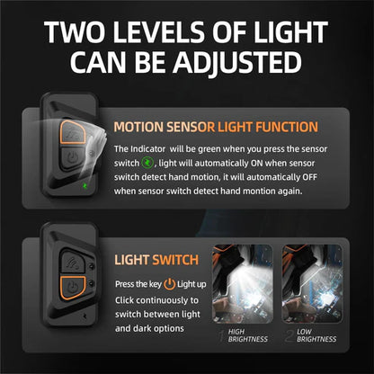 Welding helmet with 2 adjustable light levels & motion sensor function, auto-on/off for convenient operation.