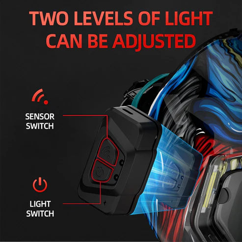 Auto-darkening welding helmet with 2 adjustable light levels, sensor & light switch for easy control.