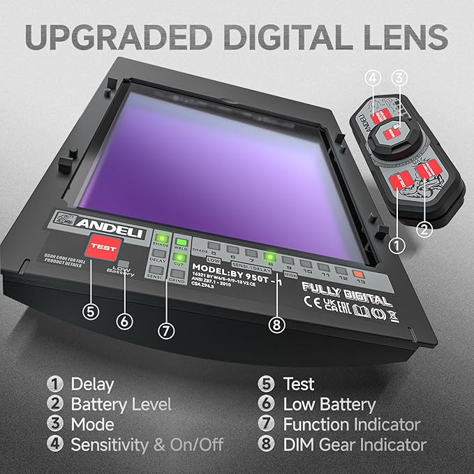 Upgraded digital welding helmet lens with labeled controls for delay, sensitivity, mode selection, and battery level indicator
