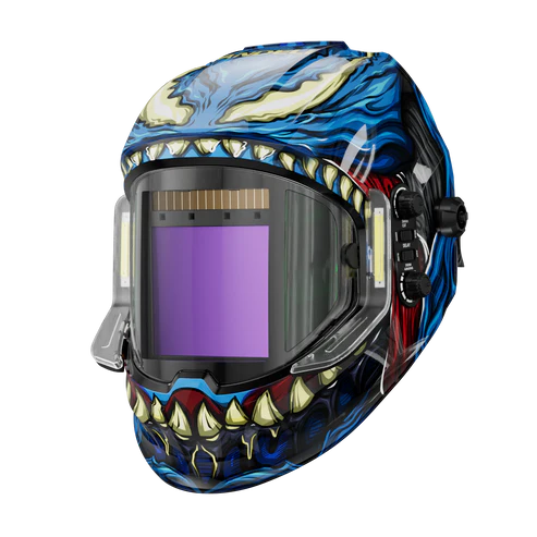 Stylish venom-pattern auto-darkening welding helmet with large view window, ideal for professional welders.