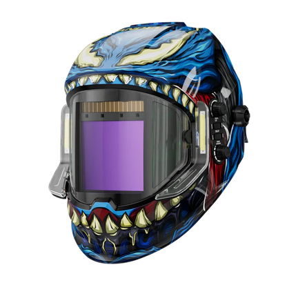 Stylish venom-pattern auto-darkening welding helmet with large view window, ideal for professional welders.