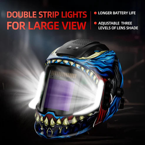 Welding helmet with double LED strip lights providing 400 lumen brightness for dark working areas