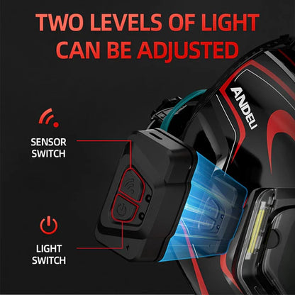 Welding helmet with built-in LED light, sensor switch and adjustable brightness for dark work areas